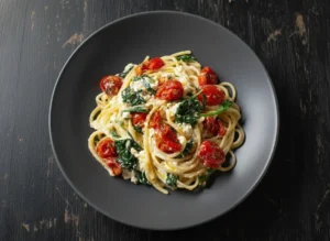 A hero shot (4:3) of Baked Feta Pasta served in a deep blue ceramic bowl, overflowing with creamy spaghetti, bright red roasted cherry tomatoes, dark green wilted spinach, and tender red onion slices. The dish is centered on a light wooden cutting board, resting on a marble countertop, bathed in natural morning light from an east window. Soft shadows play around the bowl, and warm tones dominate the scene. A few fresh basil leaves are subtly scattered on top.