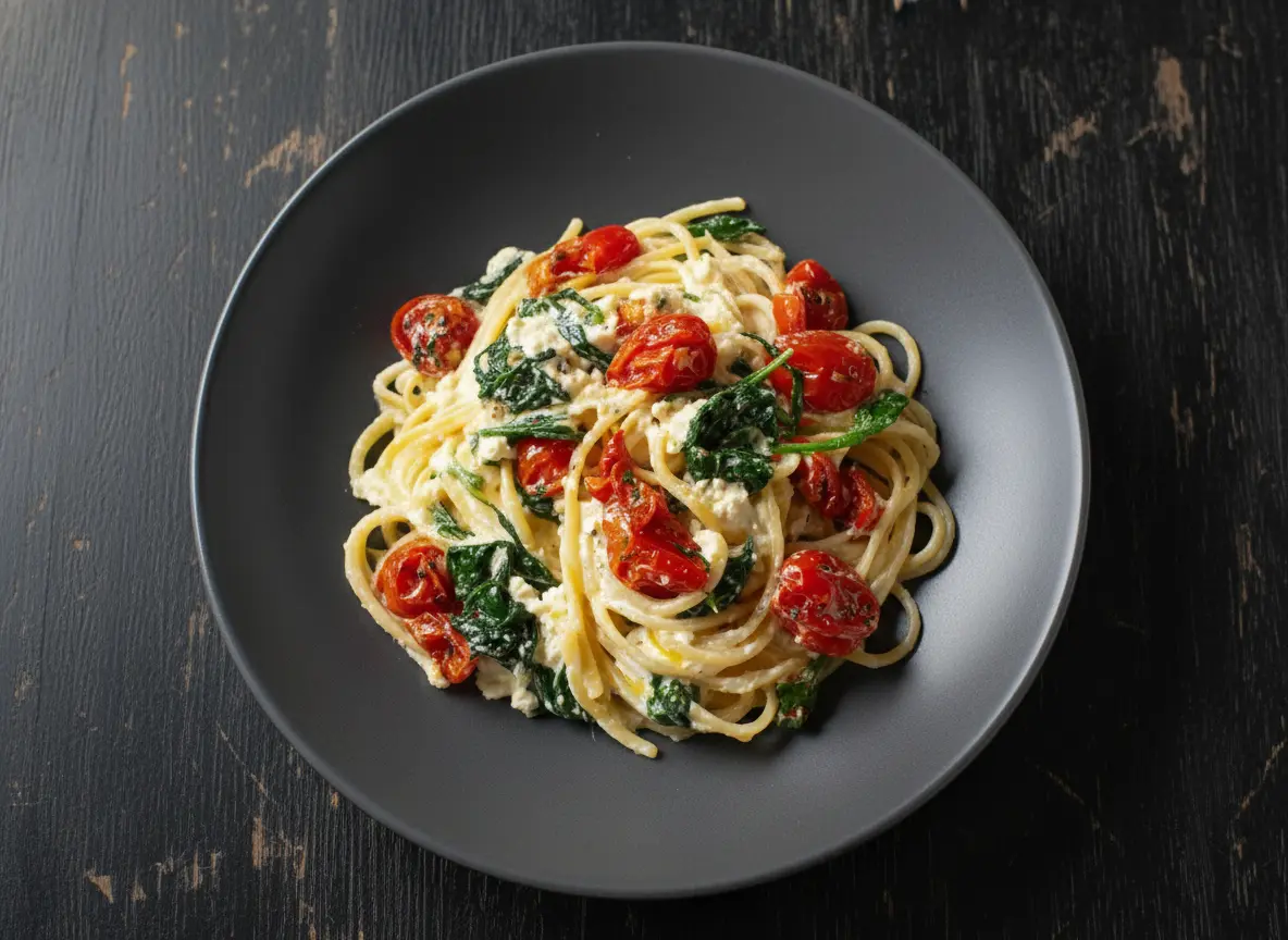 A hero shot (4:3) of Baked Feta Pasta served in a deep blue ceramic bowl, overflowing with creamy spaghetti, bright red roasted cherry tomatoes, dark green wilted spinach, and tender red onion slices. The dish is centered on a light wooden cutting board, resting on a marble countertop, bathed in natural morning light from an east window. Soft shadows play around the bowl, and warm tones dominate the scene. A few fresh basil leaves are subtly scattered on top.