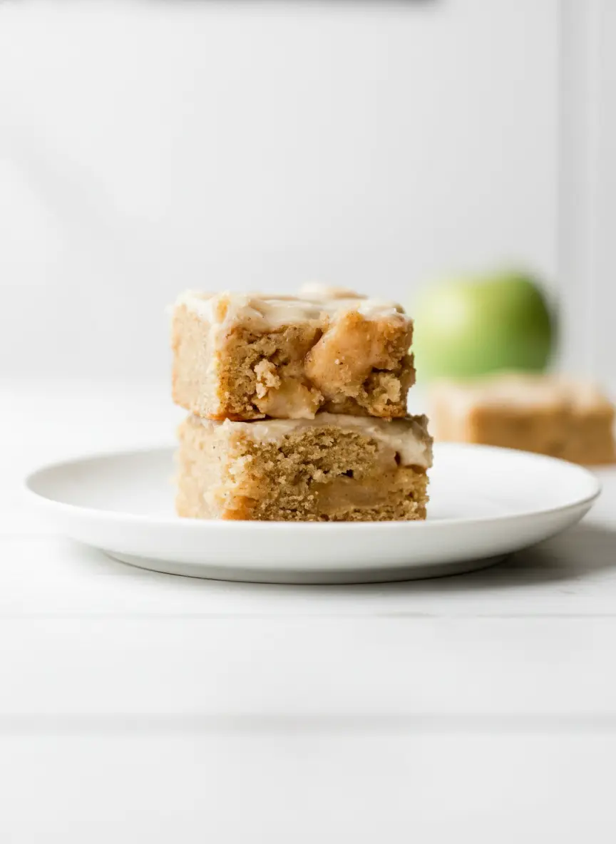A close-up of a square glass baking dish filled with unbaked Brown Butter Apple Blondies batter, with small chunks of apples visible throughout. The dish is placed on a wooden trivet on a clean white marble countertop under natural morning light, with warm tones and soft shadows. (3:4 ratio)