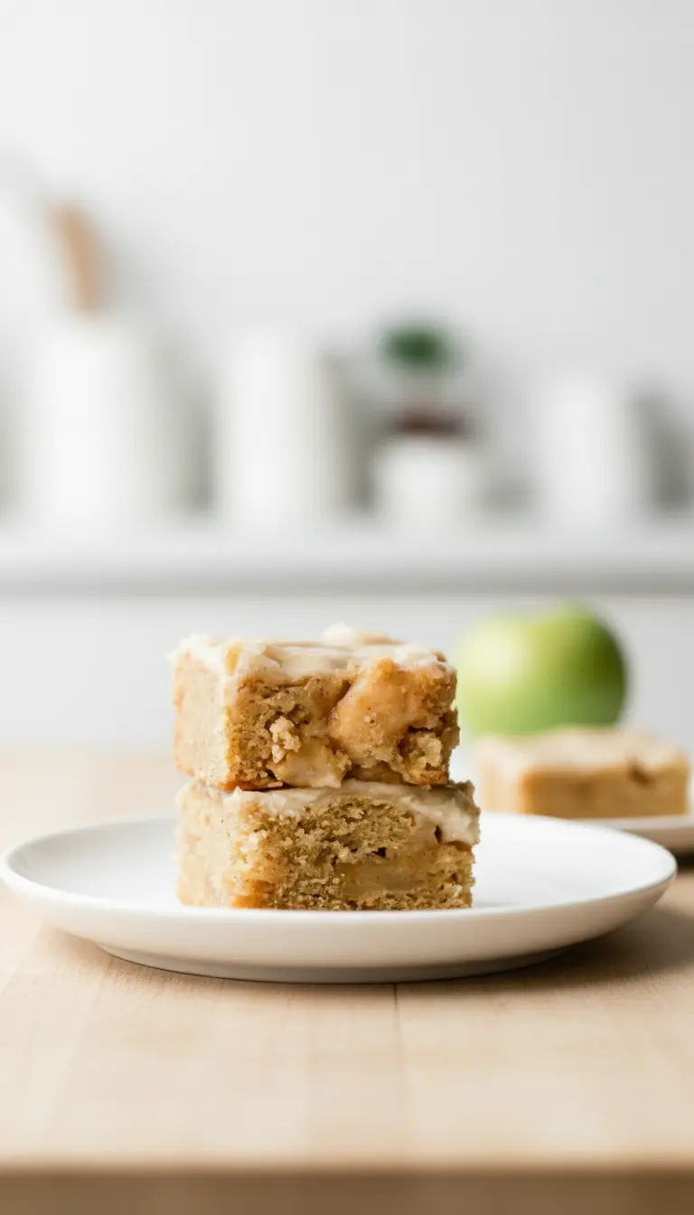 A single Brown Butter Apple Blondie square, cut to reveal its chewy, tender interior and apple chunks, resting on a minimalist white ceramic plate. Another stack of glazed Brown Butter Apple Blondies is blurred in the background on a marble countertop, illuminated by soft morning light, showing warm tones. (3:4 ratio)