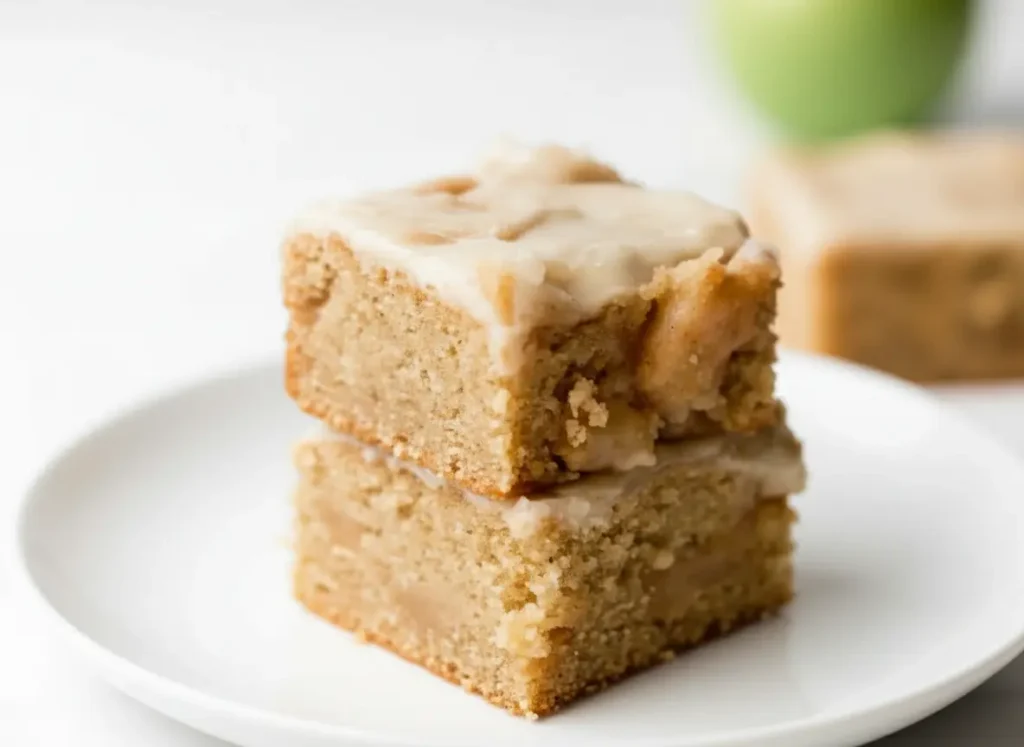 A stack of two Brown Butter Apple Blondies with creamy white glaze, showing the slightly crumbly texture and visible apple pieces. The blondies are a warm, light brown/caramel color. Shot on a minimalist white plate on a white marble countertop with soft natural morning light from an east window, soft shadows, warm tones, and a clean, tidy presentation. A subtle green blur is in the background. (4:3 ratio)