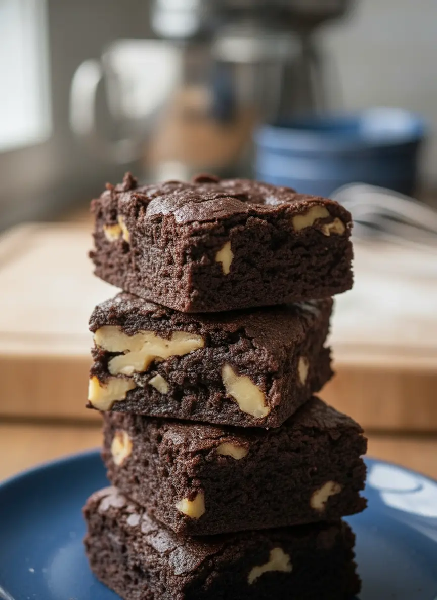 Unsalted butter browning in a small saucepan on a marble countertop, with other measured brownie ingredients (flour, cocoa, sugar, walnuts, chocolate) arranged neatly around it in ceramic bowls. Natural morning light, soft shadows, warm tones, clean and tidy, with a fresh herb sprig in the background. No hands or people. 3:4 ratio.