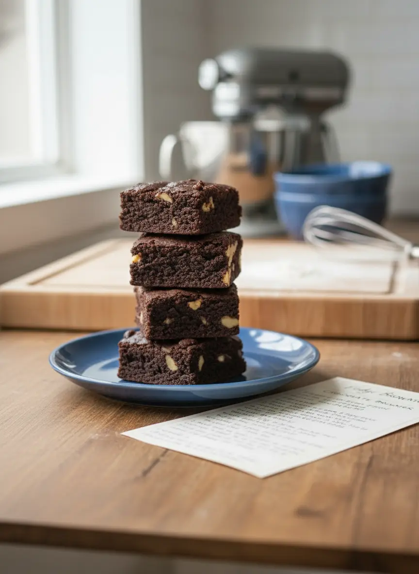 A rich, dark chocolate brownie batter, studded with walnuts, in a mixing bowl on a marble countertop. A wooden spoon is resting in the bowl, next to a wooden cutting board. Natural morning light, soft shadows, warm tones, clean and tidy. No hands or people. 3:4 ratio.