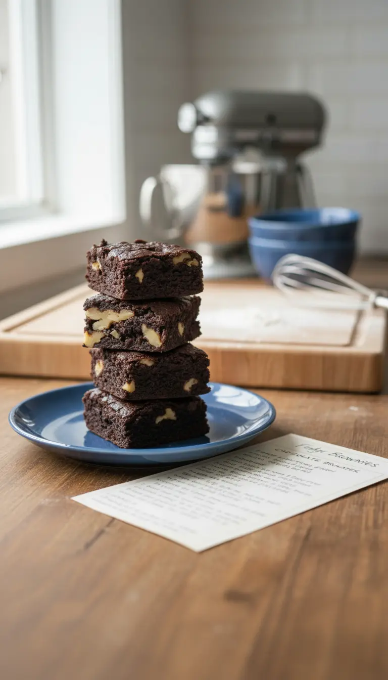 A single brown butter brownie square cut in half, revealing its incredibly fudgy, dense interior and visible walnuts, on a minimalist white plate. It's placed on a marble countertop with soft morning light and warm tones, a fresh herb sprig subtly in the background. No hands or people. 3:4 ratio.