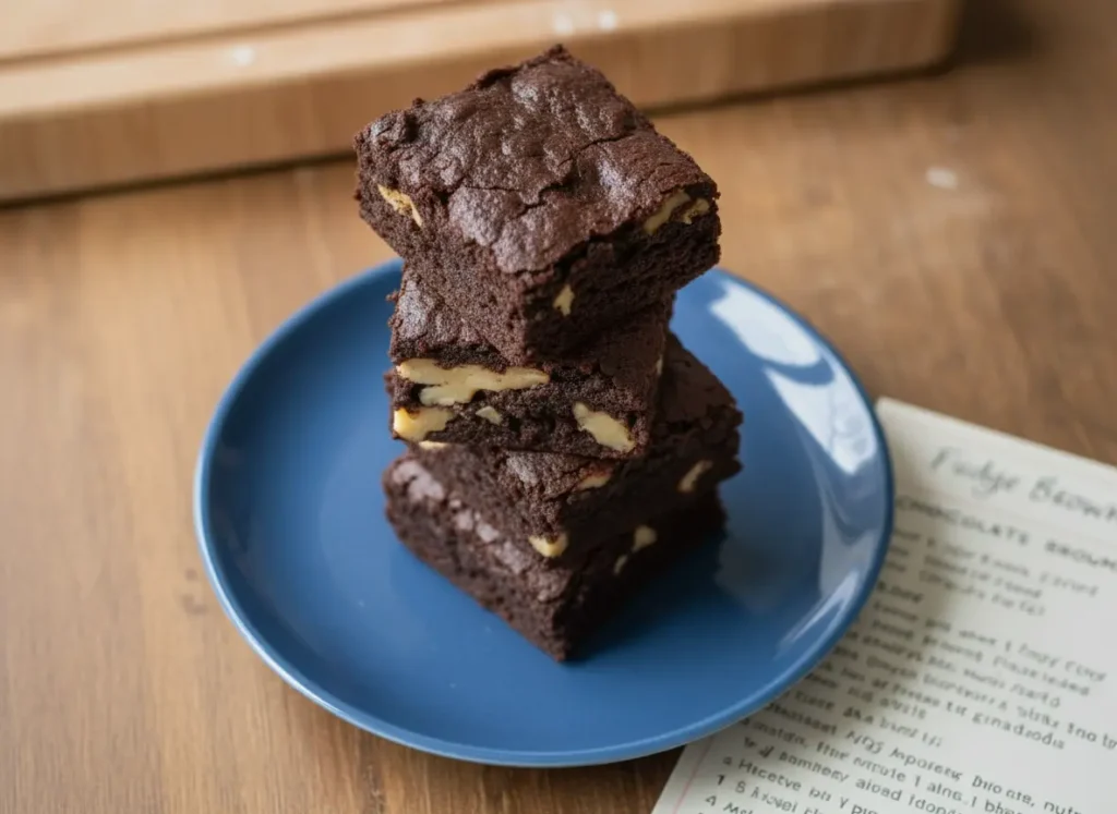 A stack of three dark, fudgy brown butter brownies with visible walnuts, on a minimalist white plate, placed on a marble countertop with wood accents. Natural morning light from an east window creates soft shadows and warm tones. Clean and tidy presentation, no hands or people. 4:3 ratio.