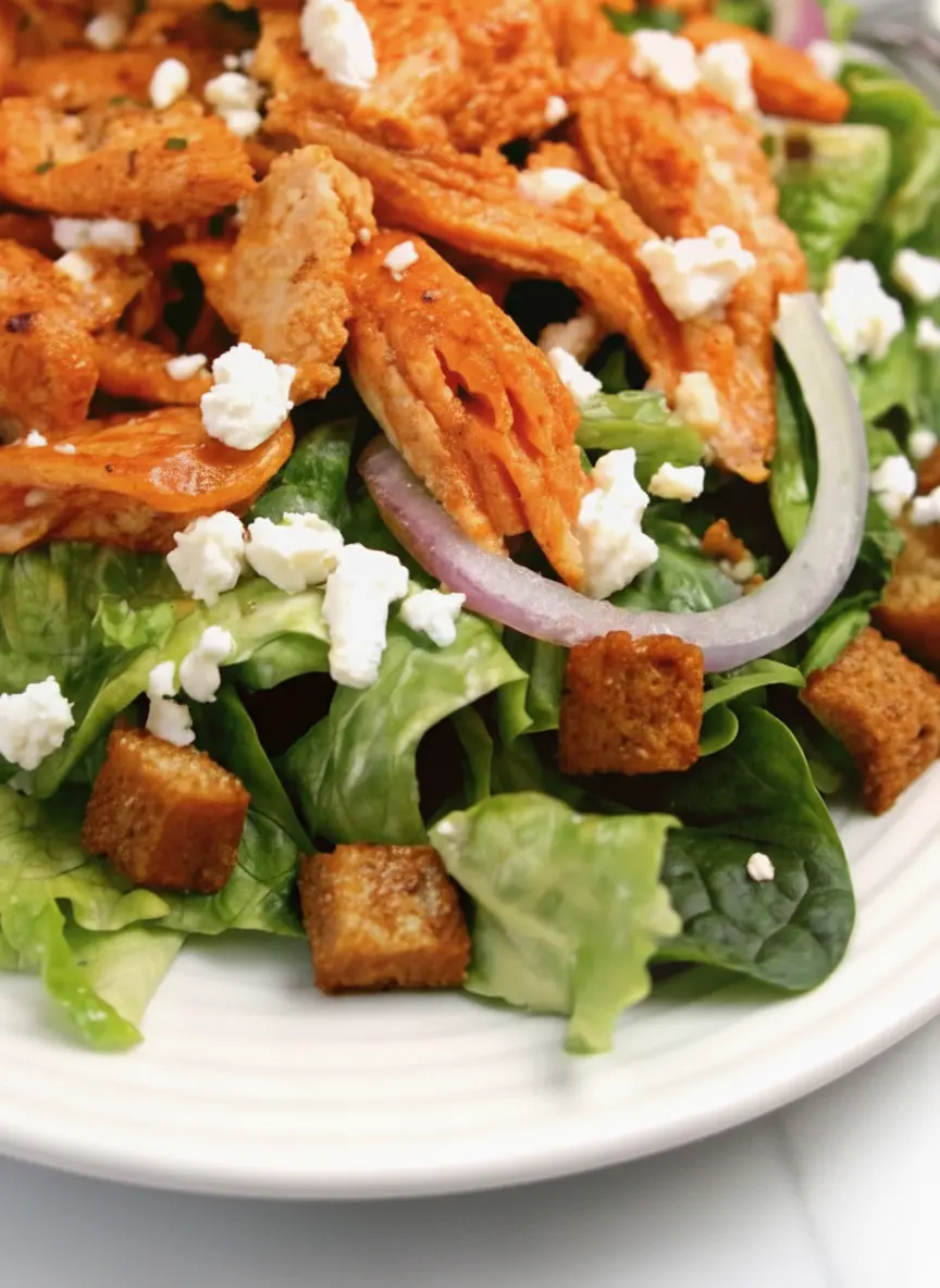 Ingredients for Buffalo Chicken Caesar Salad neatly arranged on a wooden cutting board on a white marble countertop. Components include fresh romaine lettuce, a bowl of vibrant orange shredded buffalo chicken, a bowl of crumbled white feta cheese, thin purple red onion slices, green cucumber slices, and small brown croutons. Natural morning light from an east window casts soft shadows, creating a clean and tidy presentation. (3:4 ratio)