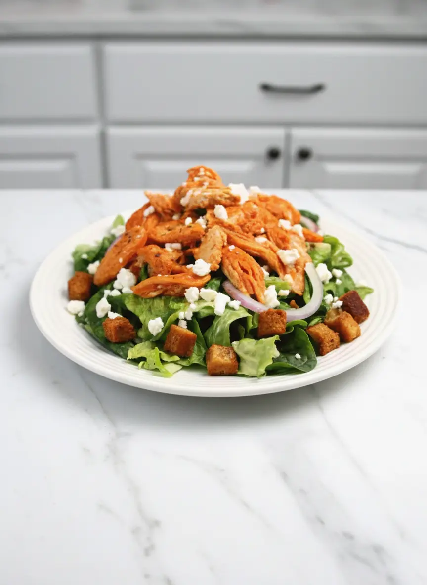 A process shot of the buffalo chicken being added to a large minimalist ceramic bowl containing chopped green romaine lettuce, thin purple red onion, and green cucumber slices, with the bowl resting on a white marble countertop. The scene shows the initial assembly stage of the Buffalo Chicken Caesar Salad, under soft natural morning light. (3:4 ratio)
