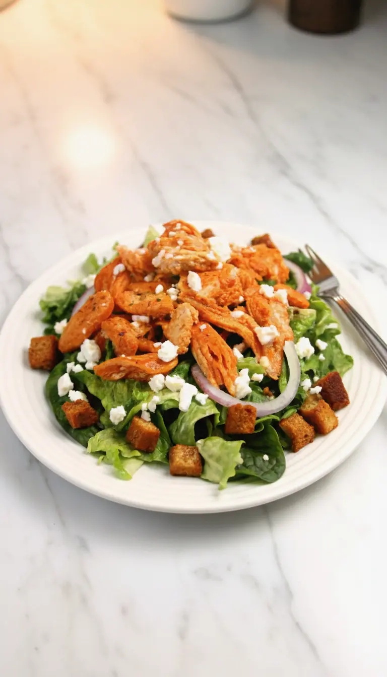 A delicious Buffalo Chicken Caesar Salad, showcasing its vibrant textures and colors, served on a minimalist white plate with a thin black rim. The image focuses on the crisp green romaine, tender orange buffalo chicken, white feta crumbles, purple red onion, green cucumber, and crunchy brown croutons, all lightly coated in dressing. The plate is positioned on a white marble countertop, bathed in warm natural morning light, with fresh green herbs blurred in the background. (3:4 ratio)