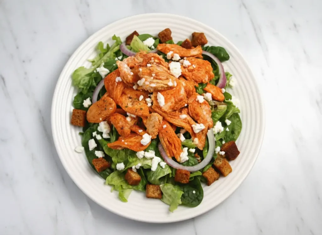 A close-up, top-down shot of a fully assembled Buffalo Chicken Caesar Salad on a minimalist white plate with a thin black rim. The salad features a generous pile of chopped green romaine lettuce, topped with vibrant orange shredded buffalo chicken, sprinkled with crumbled white feta cheese, thin purple red onion rings, and small brown croutons. The plate sits on a white marble countertop with subtle wood accents and soft natural morning light from an east window. Fresh green herbs are visible in a ceramic bowl in the soft-focused background, creating warm tones and soft shadows. (4:3 ratio)