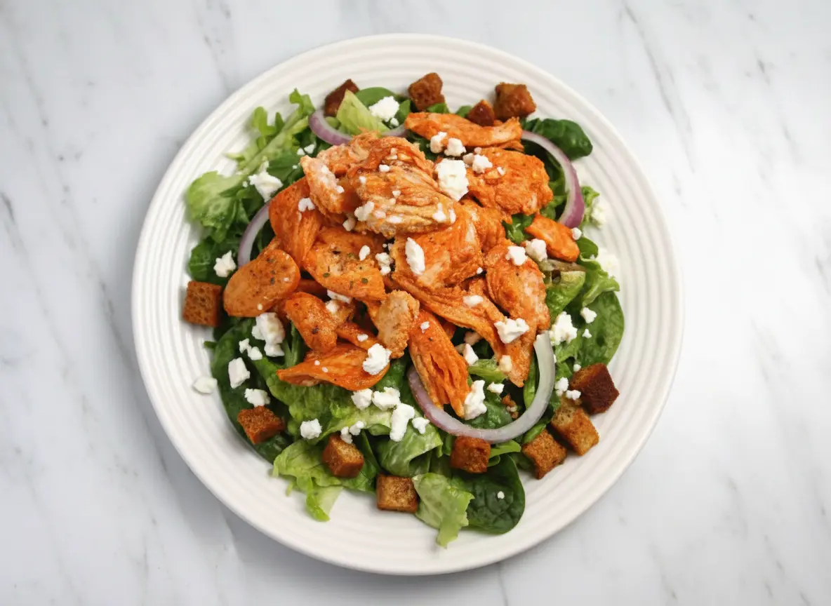 A close-up, top-down shot of a fully assembled Buffalo Chicken Caesar Salad on a minimalist white plate with a thin black rim. The salad features a generous pile of chopped green romaine lettuce, topped with vibrant orange shredded buffalo chicken, sprinkled with crumbled white feta cheese, thin purple red onion rings, and small brown croutons. The plate sits on a white marble countertop with subtle wood accents and soft natural morning light from an east window. Fresh green herbs are visible in a ceramic bowl in the soft-focused background, creating warm tones and soft shadows. (4:3 ratio)