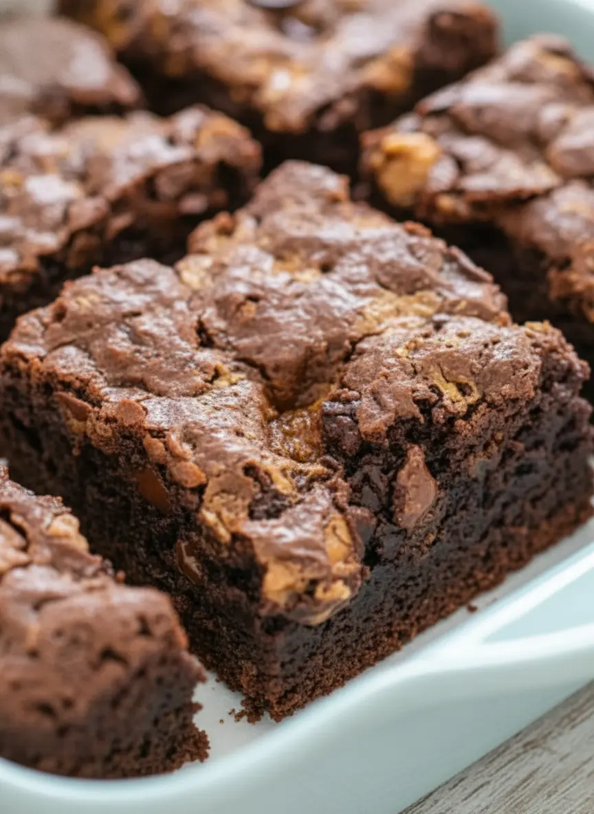 An artistic close-up shot of raw ingredients for Butterfinger brownies: neatly arranged flour, cocoa powder, eggs, butter, and a pile of crushed Butterfinger candy on a clean marble countertop, with a subtle wooden accent and natural morning light. (3:4 ratio)