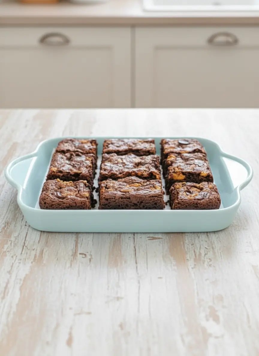 A process shot showing brownie batter being spread into a parchment-lined baking pan, with visible crushed Butterfinger pieces mixed in and sprinkled on top, on a wooden cutting board under warm natural light. (3:4 ratio)