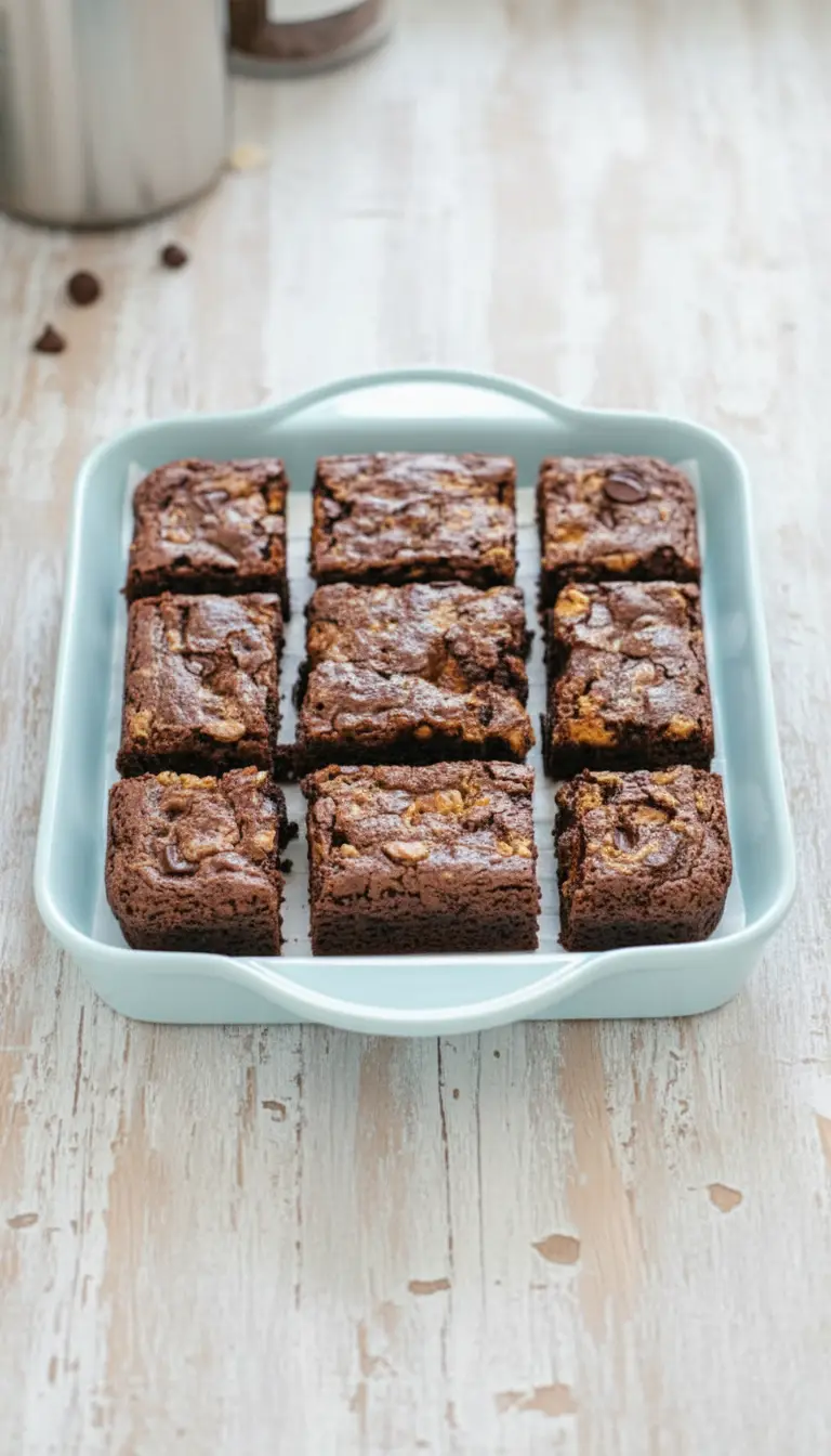 A close-up shot of a single Butterfinger brownie square, emphasizing its fudgy, moist interior and the crunchy texture of the Butterfinger candy pieces, placed on a minimalist white ceramic bowl, with a hint of fresh herbs in the soft-shadowed background. (3:4 ratio)