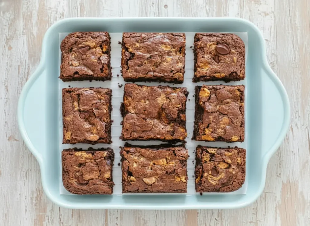A top-down hero shot of freshly baked, fudgy Butterfinger brownies cut into perfect squares, showcasing their crinkly, dark chocolate top and visible lighter peanut butter candy swirls. The brownies are arranged on a minimalist white plate or a clean wooden cutting board, bathed in natural morning light from an east window, with soft shadows, warm tones, and a clean marble countertop in the background. (4:3 ratio)