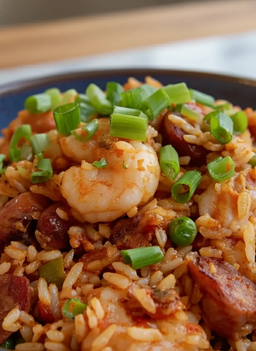 An artistic overhead shot showcasing the raw ingredients for Classic Jambalaya arranged on a wooden cutting board on a marble countertop. Visible items include raw chicken thighs, sliced andouille sausage, fresh shrimp, bell peppers, celery, onions, garlic, a bowl of long-grain rice, and a jar of Cajun seasoning, all illuminated by natural morning light with fresh herbs subtly in the background. (3:4 ratio)