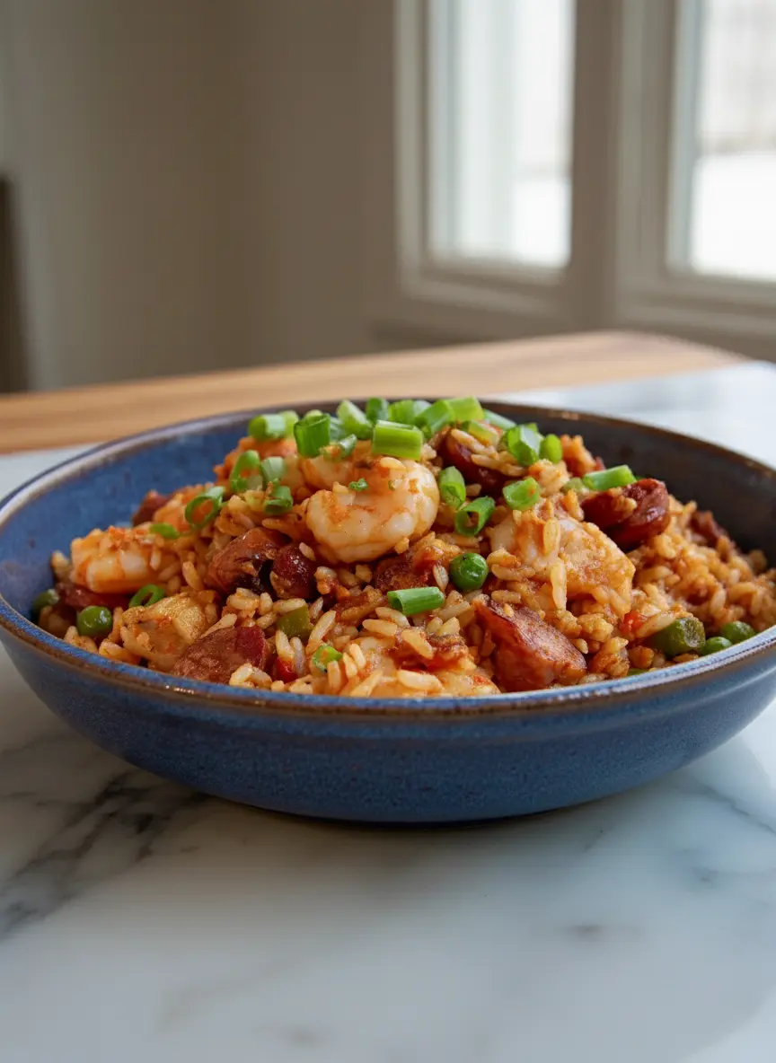 A process shot capturing the Classic Jambalaya simmering in a heavy-bottomed pot (like a Dutch oven) on a stove, with the lid slightly ajar, revealing the reddish-brown rice, chicken, and sausage gently bubbling. Steam is subtly rising. The shot highlights the textures and rich colors, with soft natural morning light and the minimalist kitchen background. (3:4 ratio)