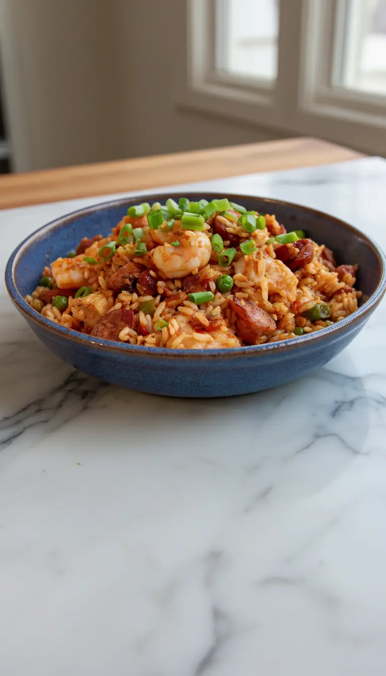 A close-up, inviting shot of a portion of finished Classic Jambalaya served in a ceramic bowl, showcasing the moist, distinct grains of rice, the plump shrimp, and flavorful sausage. The top is garnished with bright green onions, emphasizing texture and warmth. Presented on a marble countertop with soft natural light and a blurred background of wood accents. (3:4 ratio)