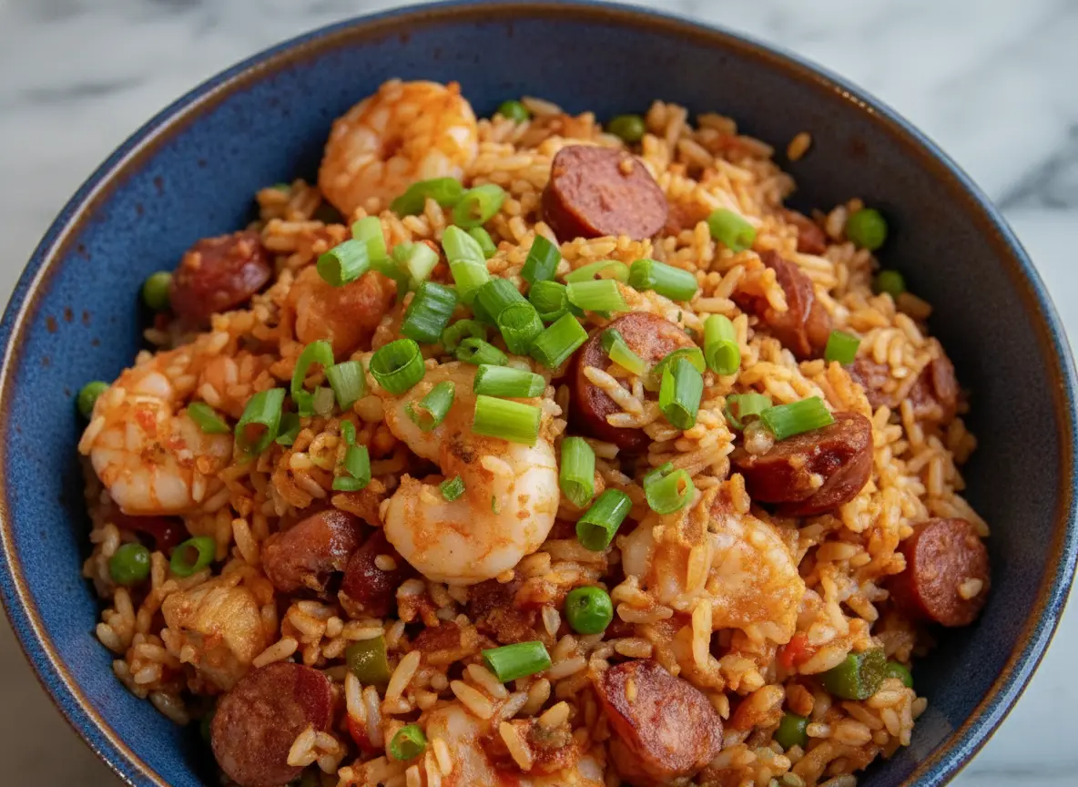 A close-up, elevated shot of a generous serving of Classic Jambalaya on a minimalist white plate, featuring vibrant reddish-brown long-grain rice, large pink shrimp, dark red slices of andouille sausage, pieces of chicken, green peas, and fresh green onions sprinkled on top. The dish is bathed in natural morning light from an east window, casting soft shadows on a marble countertop with subtle wood accents in the background. The presentation is clean and tidy, with warm tones, reflecting a genuine love for the process. (4:3 ratio)