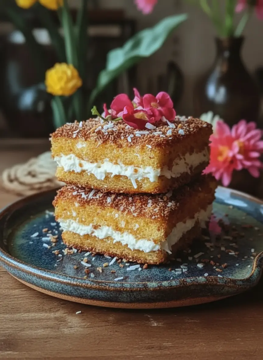 A 3:4 ratio close-up shot of the process for Coconut Crusted Stuffed French Toast: a piece of stuffed brioche bread being pressed into a plate of shredded coconut to create the crust, with some coconut already adhering. The marble countertop and soft morning light are visible. The focus is on the texture and technique. No hands or people.