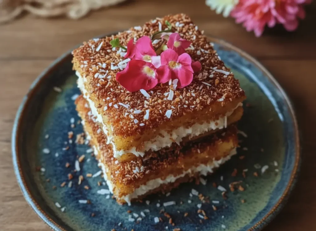 A hero shot (4:3 ratio) of two perfectly stacked, golden-brown Coconut Crusted Stuffed French Toast squares, featuring a thick, creamy white filling layered between custardy brioche. The French toast is heavily crusted with deeply toasted shredded coconut. The top piece is elegantly garnished with vibrant pink orchid petals. Scattered toasted coconut flakes are visible on the minimalist white plate. The scene is bathed in natural morning light from an east window, with soft shadows, set on a marble countertop with a hint of a wood accent in the background. Fresh, green herbs are subtly blurred in the background, adding to the lived-in kitchen feel. Warm tones and a clean, tidy presentation. No hands or people.
