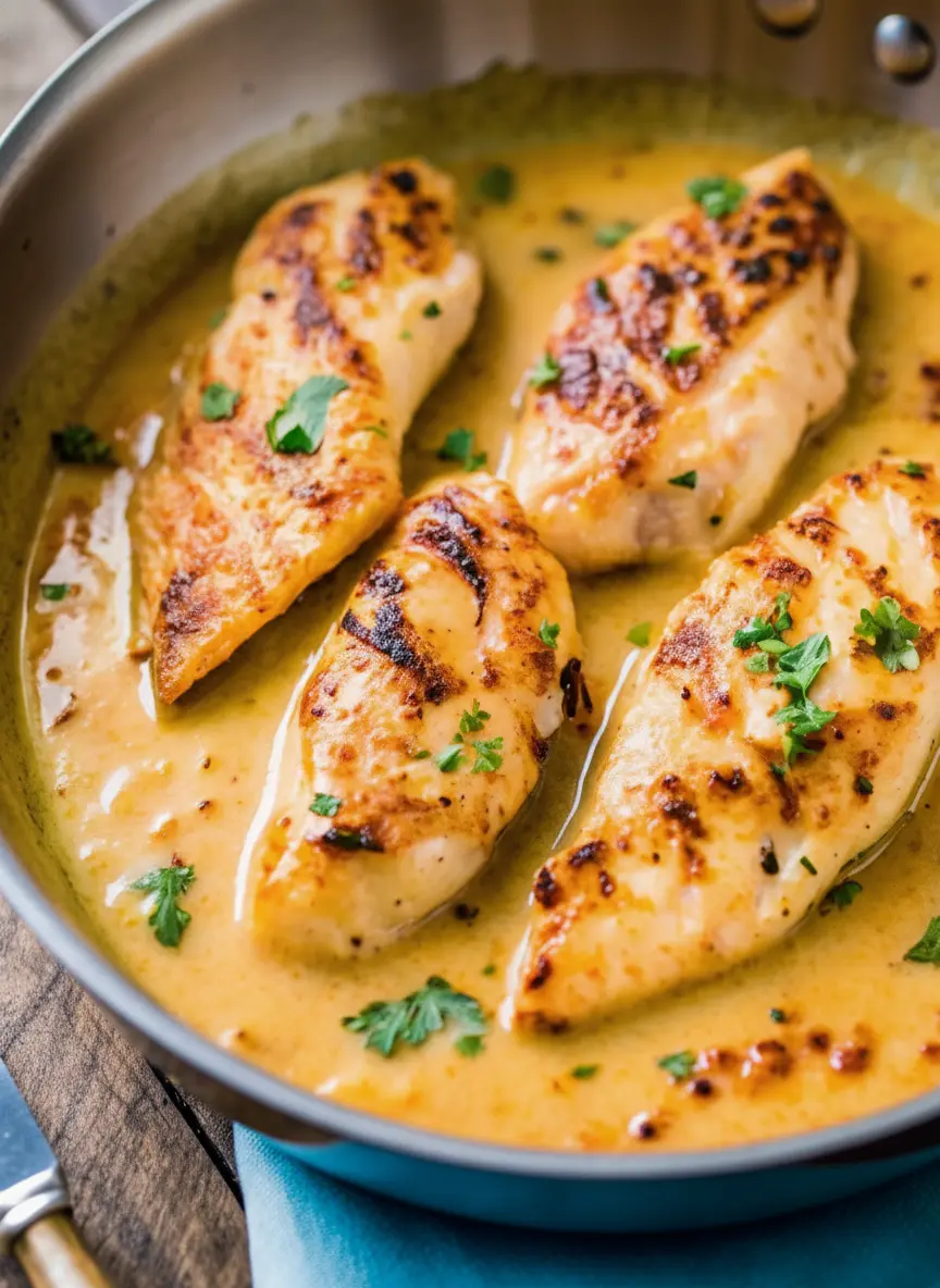 Overhead shot of fresh ingredients for Creamy Cilantro Lime Chicken: raw chicken breasts, bunches of fresh cilantro, sliced limes, garlic cloves, a small bowl of heavy cream, and red pepper flakes, all artfully arranged on a wooden cutting board on a marble countertop. Natural morning light, soft shadows, warm tones, clean and tidy presentation. (3:4 ratio)