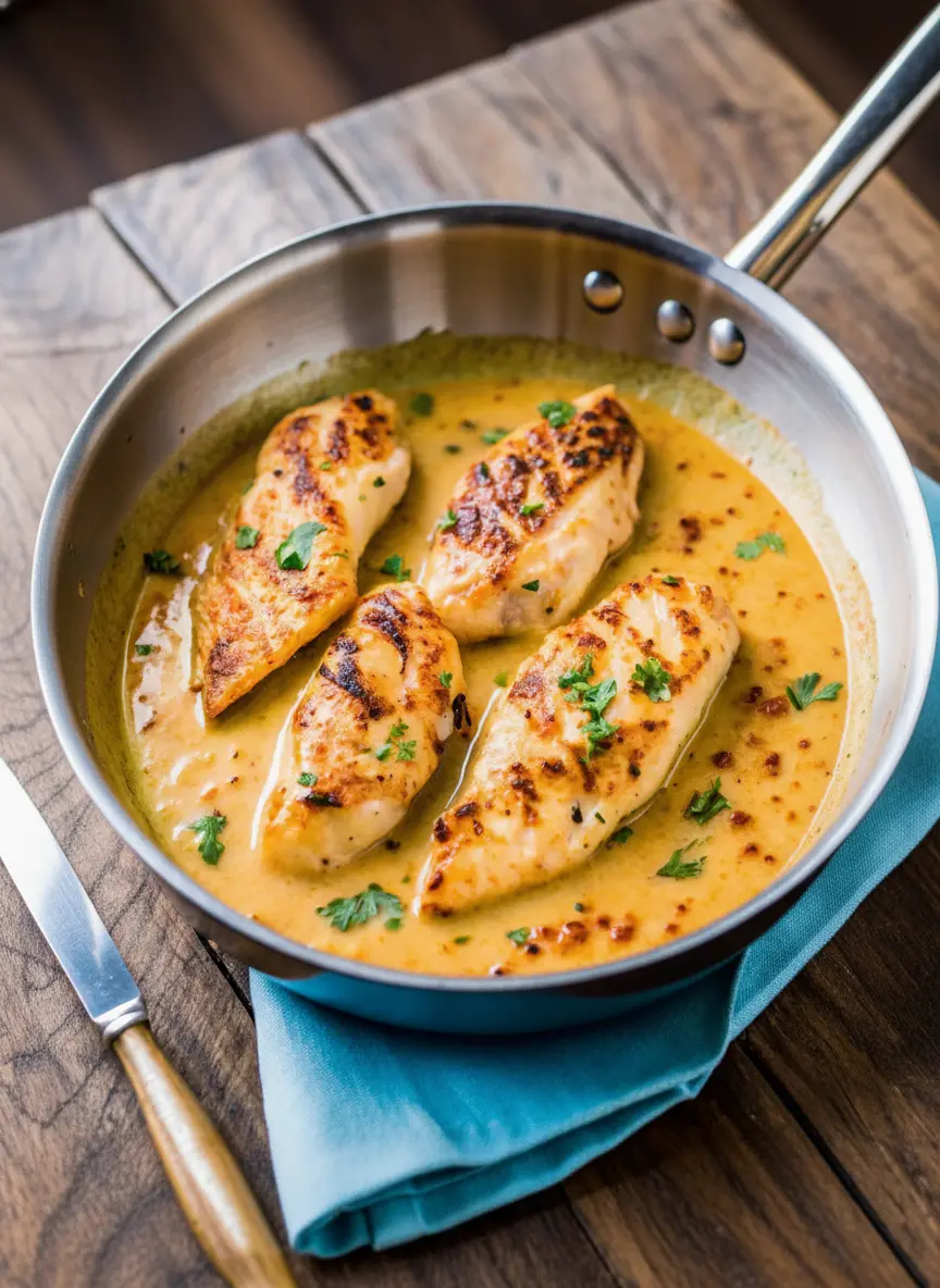 Close-up of a stainless steel skillet on a stovetop, showing chicken breasts actively pan-searing to golden perfection with distinct char marks, before the creamy sauce is fully added. Fresh herbs are visible in the background, out of focus. Natural morning light from an east window, soft shadows, warm tones, clean and tidy presentation on a marble countertop. (3:4 ratio)
