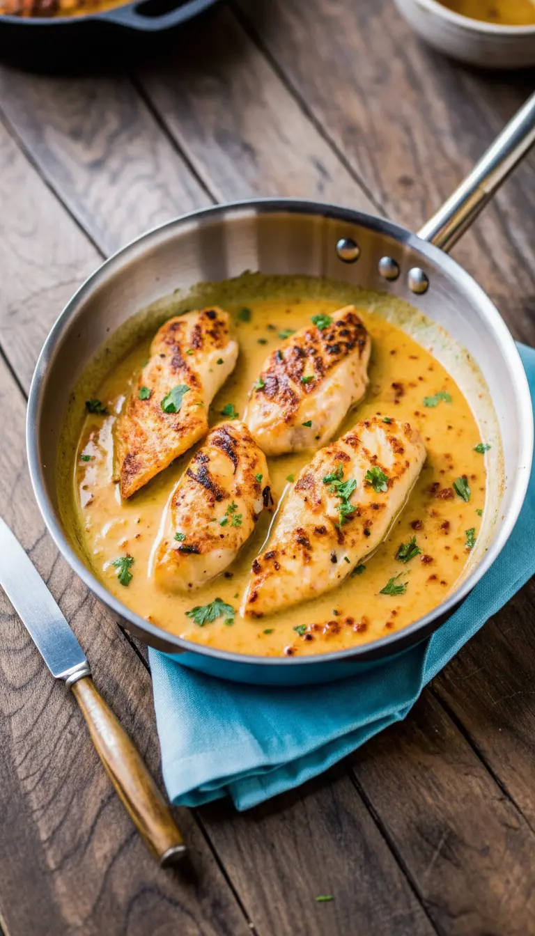 A minimalist white ceramic bowl filled with a generous portion of Creamy Cilantro Lime Chicken, showcasing the tender chicken with beautiful char marks and the vibrant golden-orange creamy sauce, garnished with fresh green cilantro and a sprinkle of red pepper flakes. The bowl rests on a wooden accent piece on a marble countertop. Natural morning light, soft shadows, warm tones, clean and tidy presentation. (3:4 ratio)