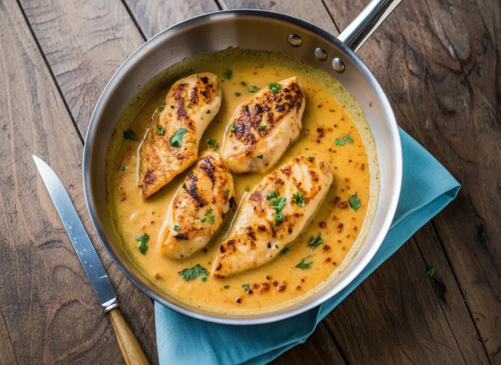 A stainless steel skillet filled with several pieces of golden-brown grilled chicken breasts, immersed in a rich, creamy, golden-orange cilantro lime sauce, garnished with chopped fresh green cilantro and small red pepper flakes. The skillet is placed on a rustic wooden cutting board, on a marble countertop. Natural morning light casts soft shadows. The scene is clean, tidy, and has warm tones. (4:3 ratio)