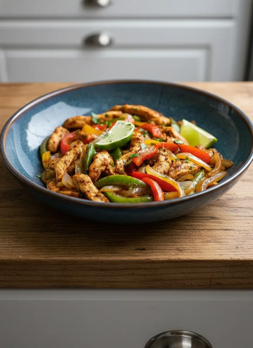 A Crockpot interior, half-covered by its lid, showing seasoned chicken strips simmering in a flavorful sauce with bell peppers and onions added in the last stage of cooking. Steam gently rises from the pot. The image is taken on a clean marble countertop, with a subtle wood accent and fresh herbs in the background, illuminated by soft natural light creating warm tones.