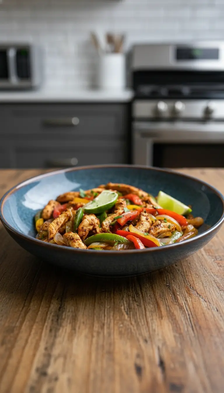 A serving shot of Crockpot Chicken Fajita on a simple white plate, showcasing the texture of the perfectly cooked chicken strips, the crisp-tender bell peppers (red, green) and onions, and a glistening finish. Fresh lime wedges are prominently placed alongside, with a scattering of fresh cilantro over the dish. The plate rests on a marble countertop, capturing the soft shadows and warm tones of natural morning light, with a hint of a wooden cutting board in the soft background.