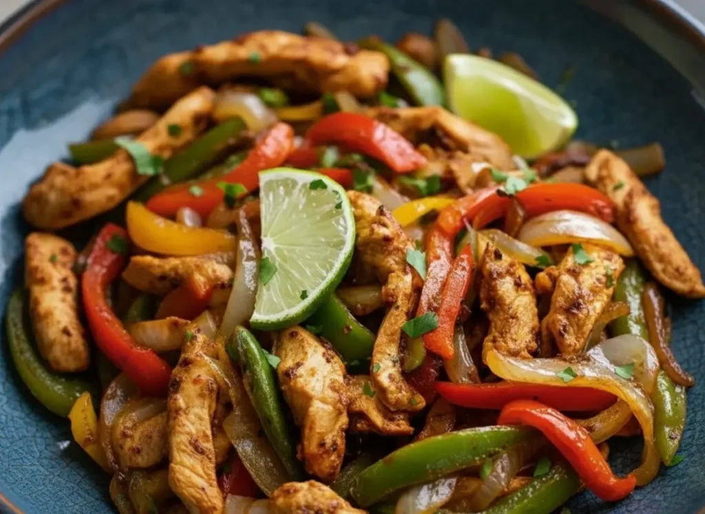 A vibrant, close-up shot of cooked Crockpot Chicken Fajita on a minimalist white plate. The plate is generously piled with tender, golden-brown chicken strips, bright red and green bell pepper slices, and slightly caramelized onion slices. Fresh lime wedges are placed strategically on top, with a sprinkle of chopped cilantro. The setting is a clean marble countertop with soft natural morning light from an east window, casting warm tones and gentle shadows. A subtle wood accent is visible in the background, like a corner of a wooden cutting board, with fresh green herbs out of focus.