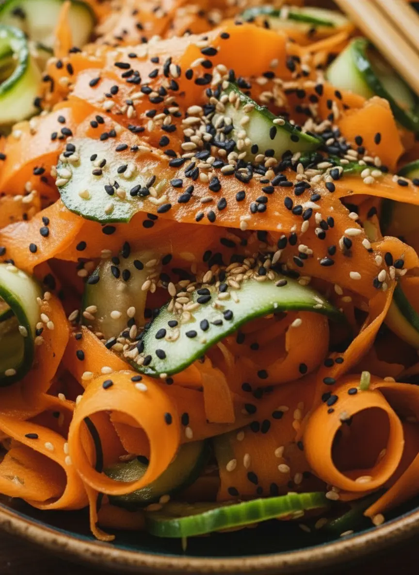 A close-up of fresh ingredients for Cucumber and Carrot Salad laid out on a wooden cutting board on a marble countertop. Visible are whole, vibrant orange carrots, a crisp green English cucumber, and small bowls containing rice vinegar, soy sauce, sesame oil, and toasted sesame seeds. Natural morning light creates soft shadows, highlighting the fresh textures, with blurred fresh herbs in the background. (3:4 ratio)