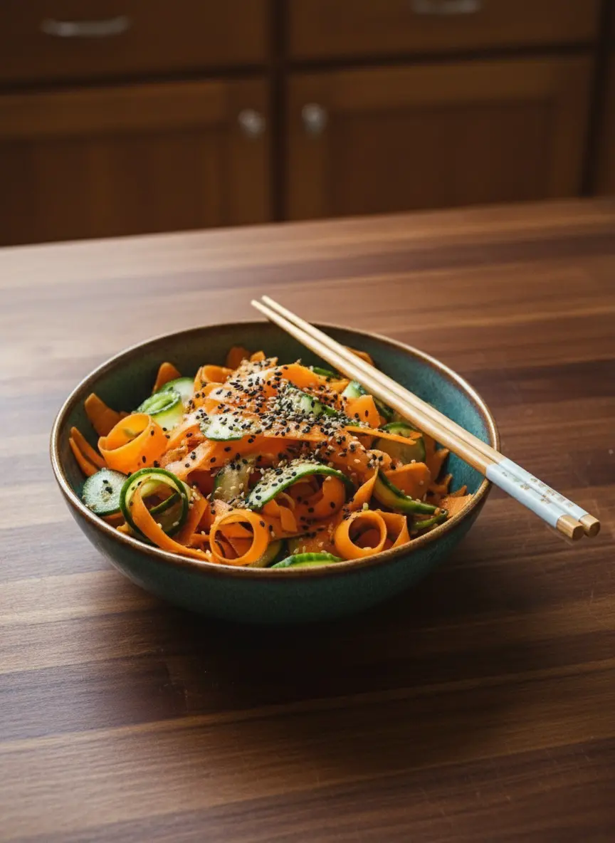 A process shot showing a vegetable peeler creating delicate, bright orange carrot ribbons directly into a ceramic bowl, alongside a pile of already peeled green cucumber spirals. The scene is set on a marble countertop with a wooden accent, illuminated by natural morning light, capturing the motion and precision of preparation. The overall tone is warm and clean. (3:4 ratio)