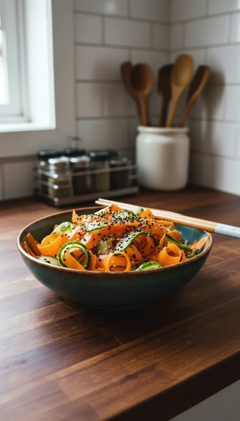 A beautiful serving shot of the finished Cucumber and Carrot Salad in a minimalist white ceramic bowl, showcasing the intertwined orange carrot ribbons and green cucumber spirals, glistening with a light dressing and sprinkled with black and white sesame seeds. The bowl is placed on a white plate, with a hint of wooden chopsticks beside it, all under natural morning light on a marble counter with soft shadows and fresh herbs in the background. (3:4 ratio)
