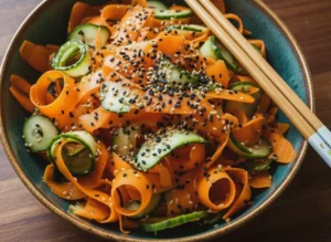 A vibrant bowl of Asian-inspired Cucumber and Carrot Salad, featuring thin, bright orange carrot ribbons and curled green cucumber spirals, generously sprinkled with black and white sesame seeds. The salad is presented in a minimalist ceramic bowl on a light marble countertop with a subtle wood accent, bathed in natural morning light from an east window, casting soft shadows. Fresh green herbs are subtly blurred in the background, creating a clean, tidy, warm-toned, and inviting scene. (4:3 ratio)