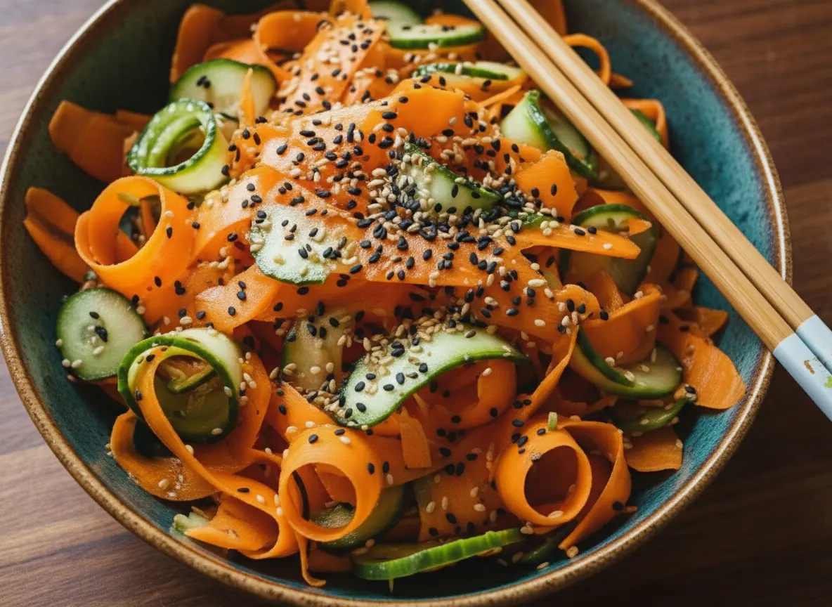 A vibrant bowl of Asian-inspired Cucumber and Carrot Salad, featuring thin, bright orange carrot ribbons and curled green cucumber spirals, generously sprinkled with black and white sesame seeds. The salad is presented in a minimalist ceramic bowl on a light marble countertop with a subtle wood accent, bathed in natural morning light from an east window, casting soft shadows. Fresh green herbs are subtly blurred in the background, creating a clean, tidy, warm-toned, and inviting scene. (4:3 ratio)