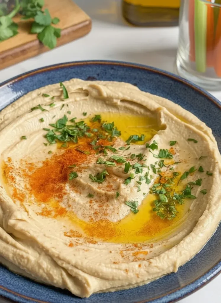 Easy Creamy Hummus Recipe A 3:4 close-up shot of the raw ingredients for hummus on a white marble countertop under natural morning light. Clearly visible are a can of chickpeas, a lemon cut in half, a small bowl of tahini, garlic cloves, a clear glass bottle of olive oil, and a wooden cutting board with a fresh pile of bright green parsley. The composition is clean and tidy with soft shadows and warm tones. No hands or people.