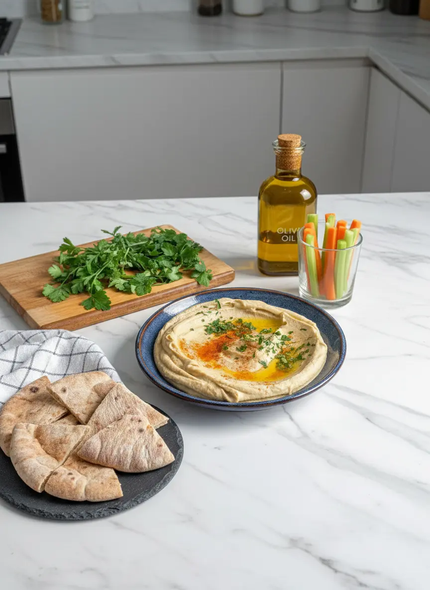 A 3:4 shot focusing on the blending process of hummus in a food processor, showing the mixture inside already smooth and creamy, or a spoonful being lifted to show texture. In the background, on a white marble countertop, a ceramic bowl or minimalist white plate is ready for serving. Natural morning light, soft shadows, warm tones. No hands or people.