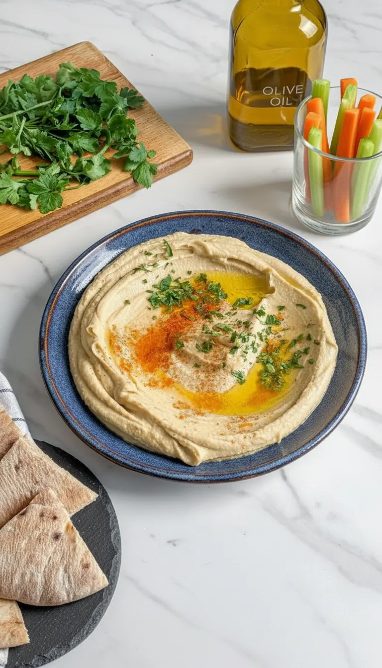 A 3:4 close-up shot of the finished creamy hummus in a dark ceramic bowl, highlighting its velvety texture. A generous pool of olive oil glistens in the center, topped with finely chopped fresh parsley and a dash of red paprika. The edge of a warm pita bread triangle is subtly visible in the foreground, suggesting a dip. The scene is on a white marble countertop under natural morning light, with warm tones and soft shadows. No hands or people.