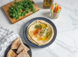 A beautifully styled 4:3 overhead shot of a dark ceramic bowl filled with golden-beige, swirled creamy hummus, generously drizzled with olive oil, and garnished with chopped fresh parsley and a sprinkle of paprika. The bowl sits on a white marble countertop. Around it, on the marble, are triangles of warm pita bread on a white striped napkin, a small wooden bowl filled with vibrant carrot and celery sticks, a clear glass bottle of olive oil, and a wooden cutting board with a pile of fresh parsley. Natural morning light from an east window casts soft shadows, creating a warm, clean, and inviting scene with wood accents in the background. No hands or people.