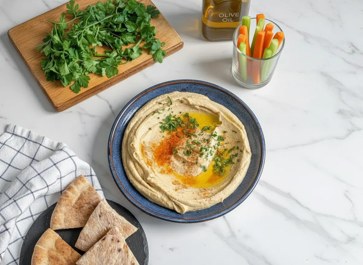 A beautifully styled 4:3 overhead shot of a dark ceramic bowl filled with golden-beige, swirled creamy hummus, generously drizzled with olive oil, and garnished with chopped fresh parsley and a sprinkle of paprika. The bowl sits on a white marble countertop. Around it, on the marble, are triangles of warm pita bread on a white striped napkin, a small wooden bowl filled with vibrant carrot and celery sticks, a clear glass bottle of olive oil, and a wooden cutting board with a pile of fresh parsley. Natural morning light from an east window casts soft shadows, creating a warm, clean, and inviting scene with wood accents in the background. No hands or people.