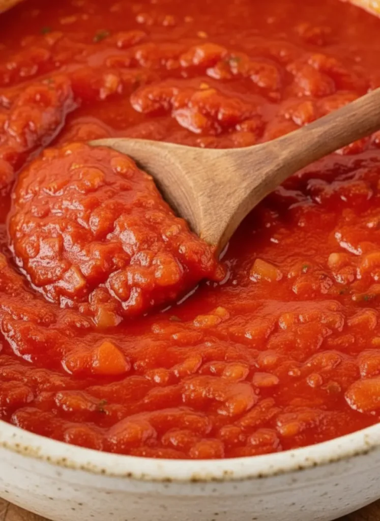 Easy Homemade Tomato Sauce Pasta Fresh, ripe red tomatoes, garlic cloves, onion, and fresh basil leaves neatly arranged on the wooden cutting board, ready for chopping, under natural morning light on a marble countertop. 3:4 aspect ratio.