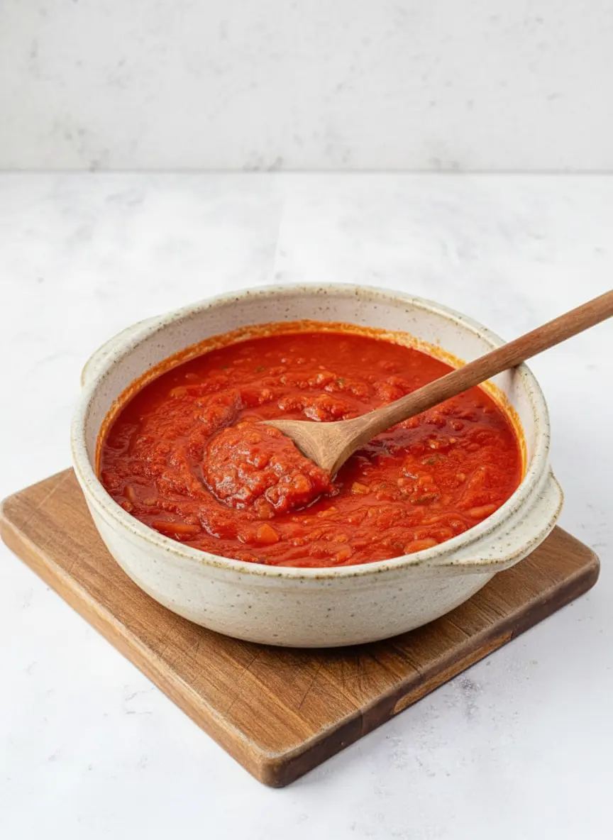Close-up of the chunky red Easy Homemade Tomato Sauce bubbling gently in the blue enamel pot, a wooden spoon stirring the sauce, steam subtly rising, natural morning light, soft shadows. 3:4 aspect ratio.