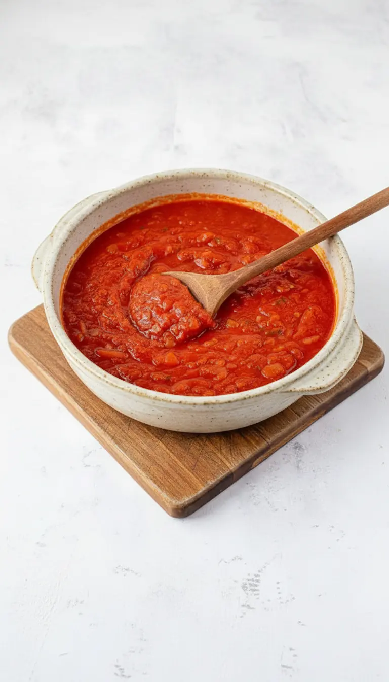 A ceramic bowl filled with al dente pasta coated in the vibrant red Easy Homemade Tomato Sauce, garnished with fresh basil leaves, resting on a wooden cutting board on a marble countertop, minimalist white plate, natural morning light. 3:4 aspect ratio.