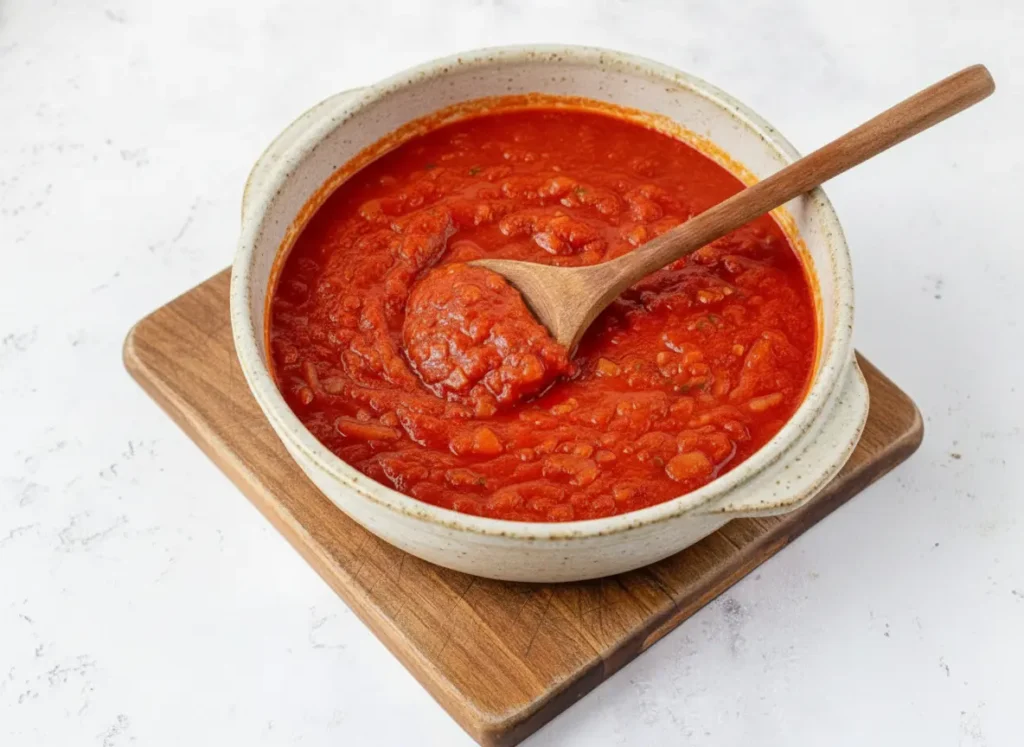 A vibrant red, chunky Easy Homemade Tomato Sauce simmering in a blue enamel pot on a wooden cutting board on a marble countertop, with a wooden spoon resting in the sauce, natural morning light, soft shadows, warm tones, fresh basil sprigs visible in the background, clean and tidy presentation. 4:3 aspect ratio.