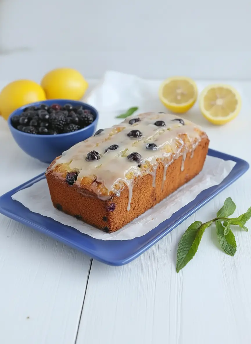 A close-up shot of the blueberry yogurt cake batter being gently folded in a minimalist white ceramic mixing bowl with fresh blueberries just incorporated, showing the thick, creamy texture. A wooden spoon or spatula rests in the bowl. The background shows a hint of a marble countertop and a wooden accent. Natural morning light creates soft shadows. No hands or people. (3:4 ratio)