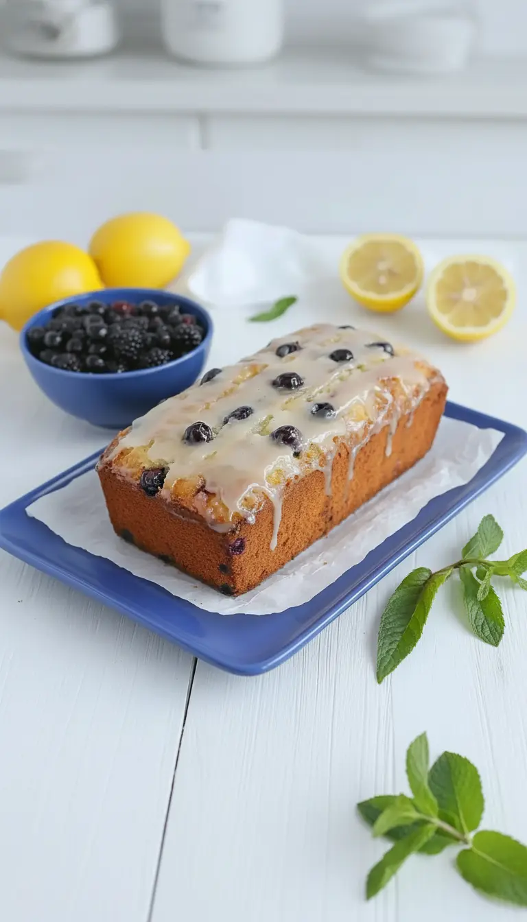 A close-up, slightly elevated shot of a thick slice of the golden-brown fluffy blueberry yogurt cake on a minimalist white plate, revealing its moist, tender crumb dotted with vibrant blueberries. A generous drip of lemon glaze cascades down the slice. The cake slice is positioned on the wooden cutting board. Soft morning light illuminates the texture, creating a warm and inviting scene. No hands or people. (3:4 ratio)