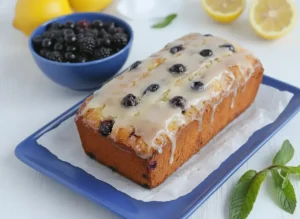 A beautifully baked fluffy loaf cake with a golden-brown crust, generously drizzled with a thick, glossy lemon glaze, and topped with scattered fresh blueberries. The cake sits on white parchment paper on a rustic wooden cutting board. In the soft-focused background, a small white ceramic bowl holds a pile of fresh blueberries, two whole lemons, and a few lemon halves are visible on a marble countertop, all bathed in natural morning light from an east window, with soft shadows and warm tones, and a sprig of fresh mint. No hands or people. (4:3 ratio)