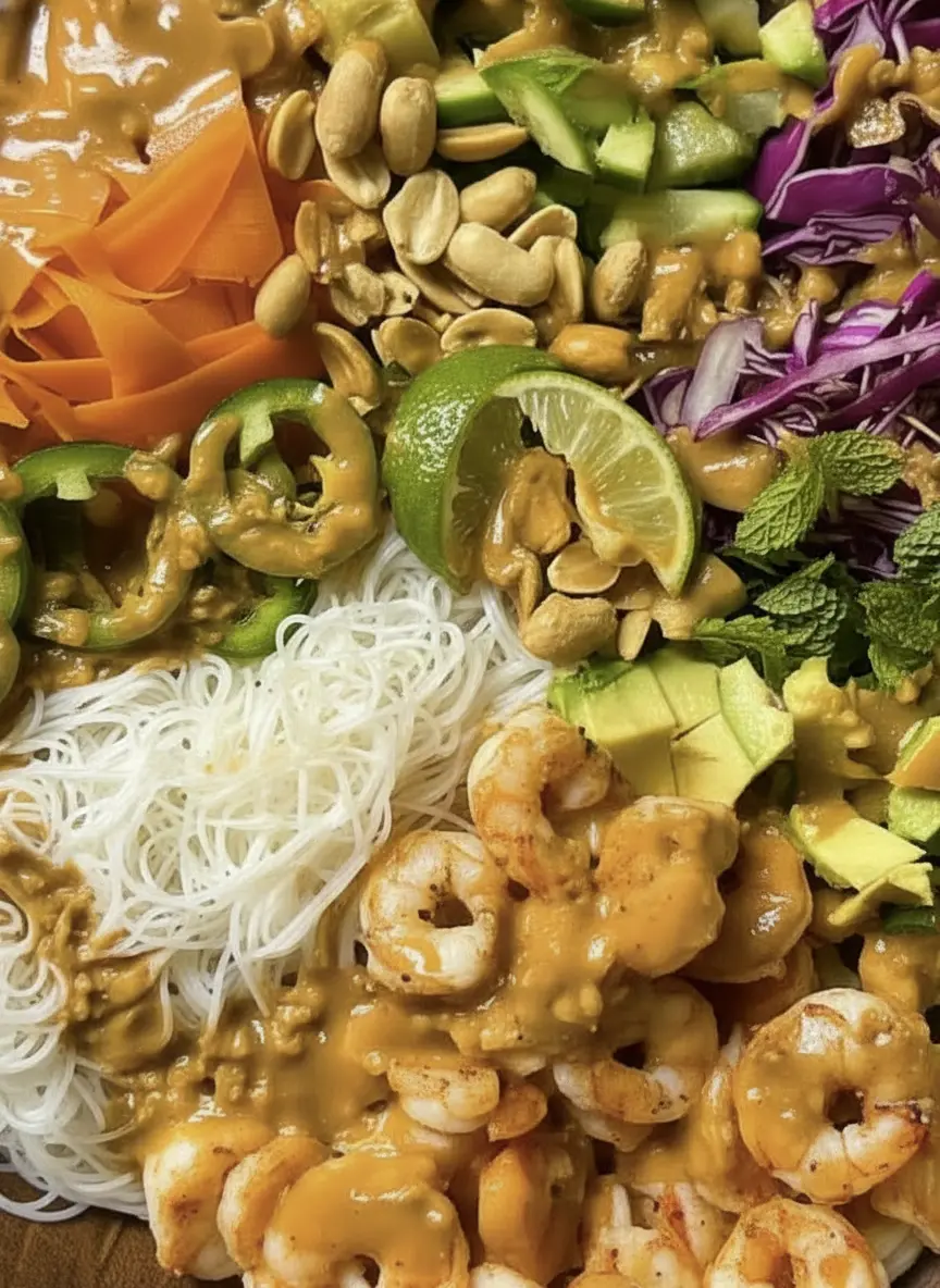 Ingredients for Fresh Spring Roll Salad Bowl neatly arranged on a light wooden cutting board on a marble countertop under natural morning light. Components include a small bowl of creamy peanut butter and lime, fresh mint sprigs, a pile of julienned carrots, diced cucumber, sliced red cabbage, and a bowl of raw shrimp. Soft shadows, warm tones, clean and tidy. No hands or people. (3:4 ratio)