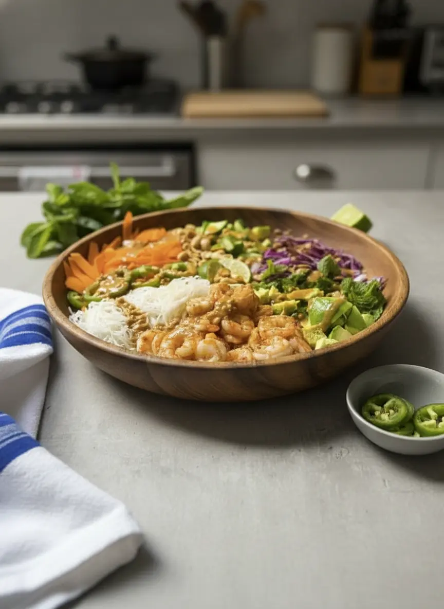 A close-up of rice vermicelli noodles being drained in a sieve over a white ceramic bowl, next to a skillet with perfectly cooked pink shrimp on a marble countertop. Natural morning light, soft shadows, warm tones, fresh herbs in background. No hands or people. (3:4 ratio)